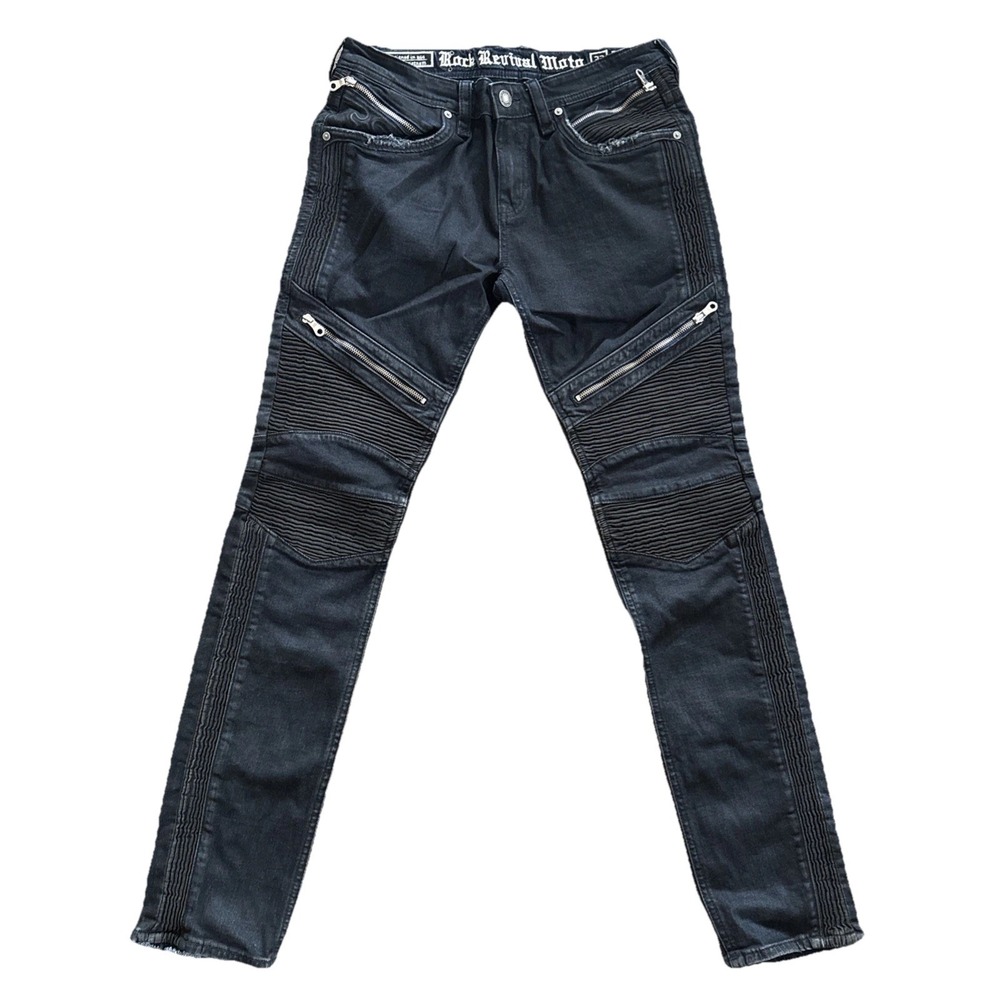 Rock Revival Frady Jeans Men 32x32 Skinny Moto Biker Dark Wash Zip Distressed